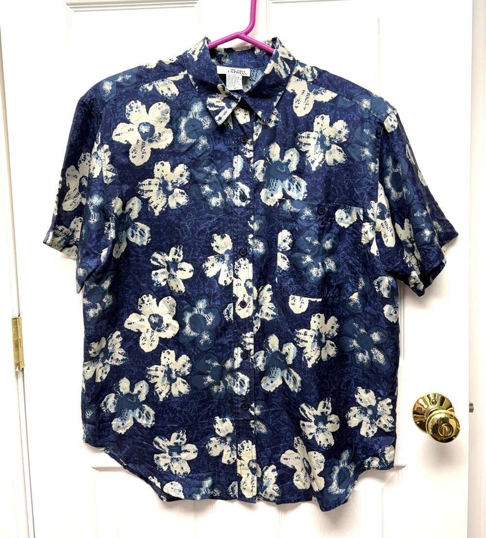 Metro Express Short Mens Silk Floral Button Up Blue Cream Short Sleeve L Loose